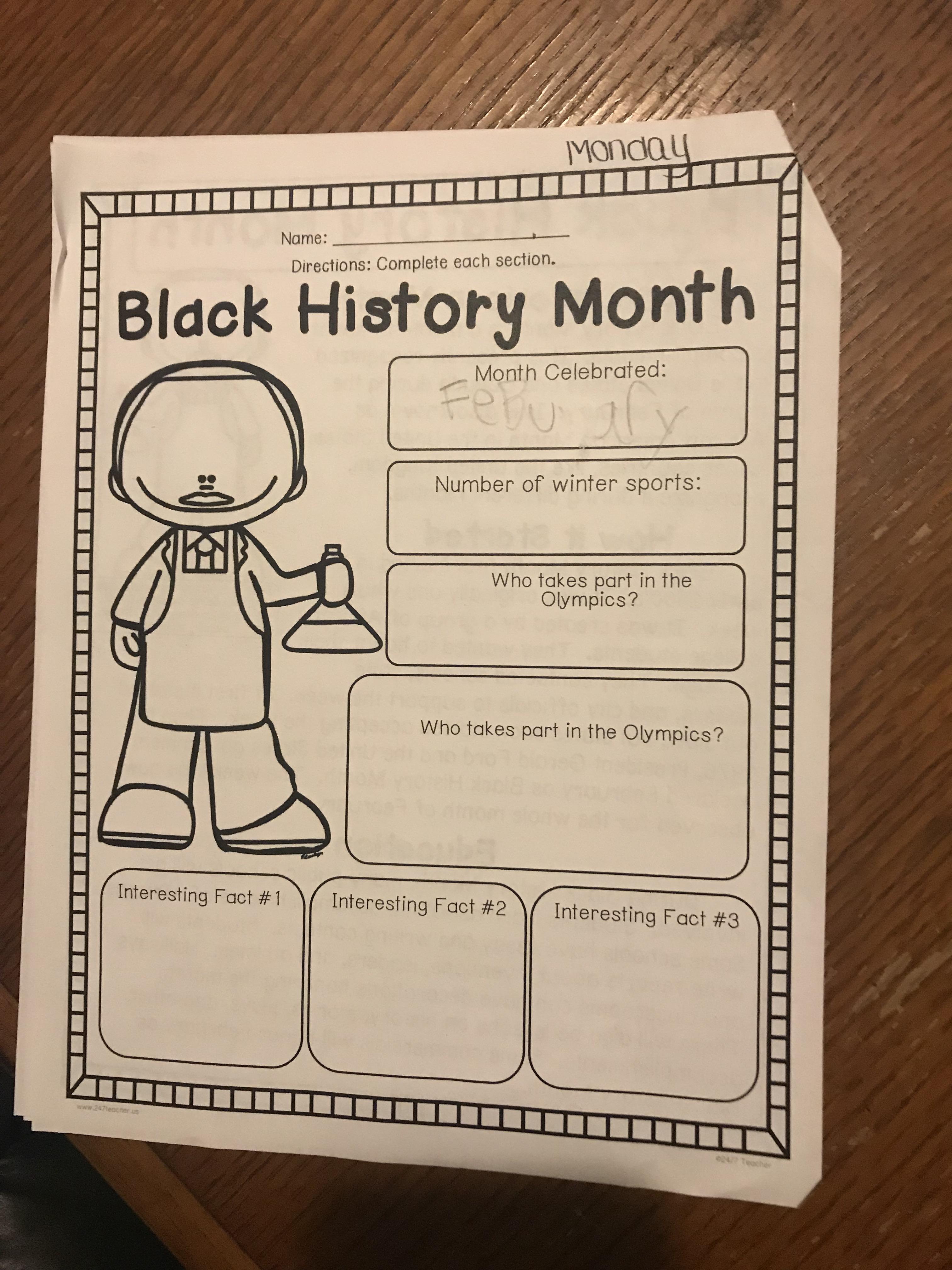 Black History Month Worksheet In A Florida School