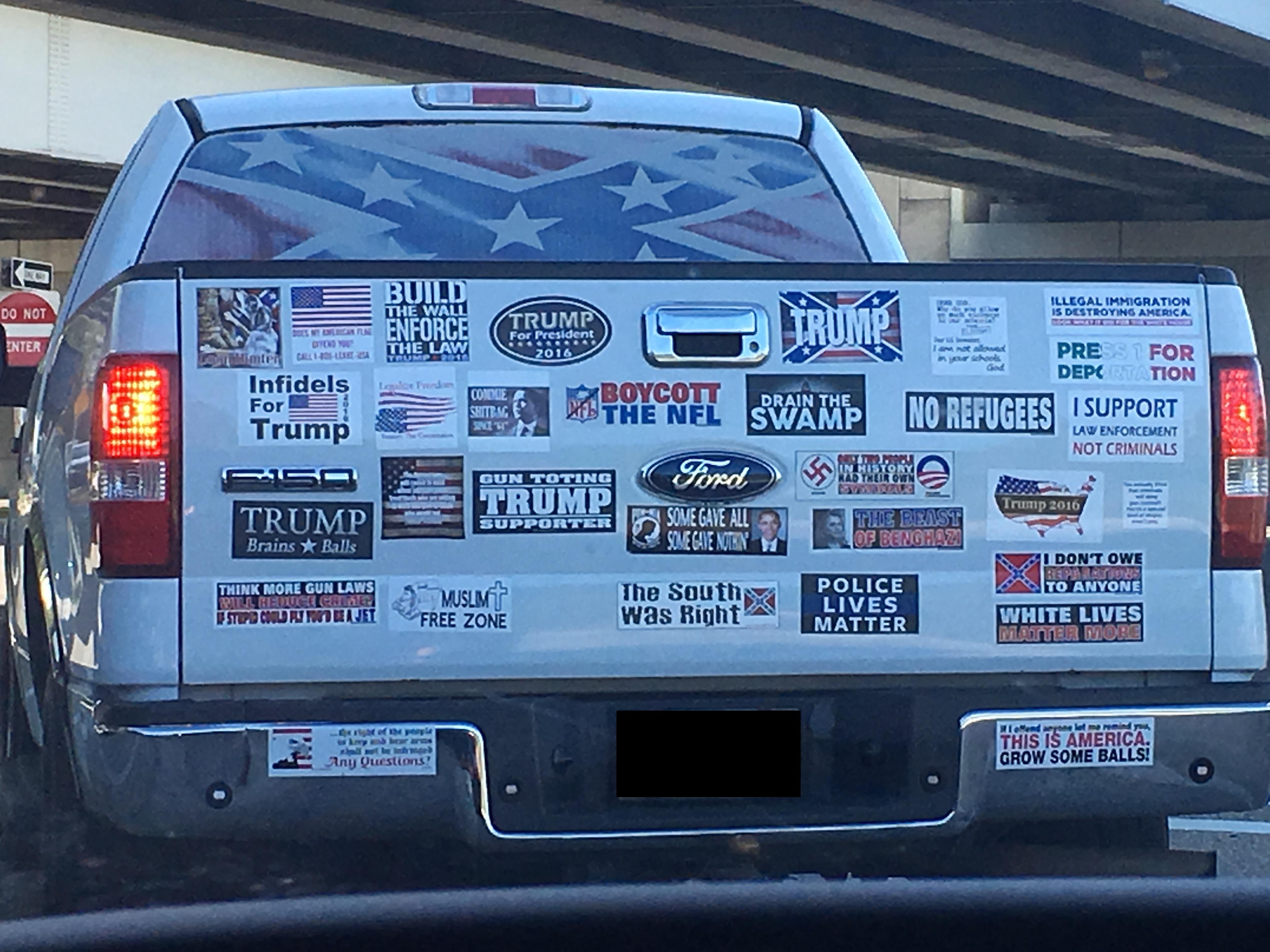 Racist Redneck Bumper Stickers on Pickup Truck